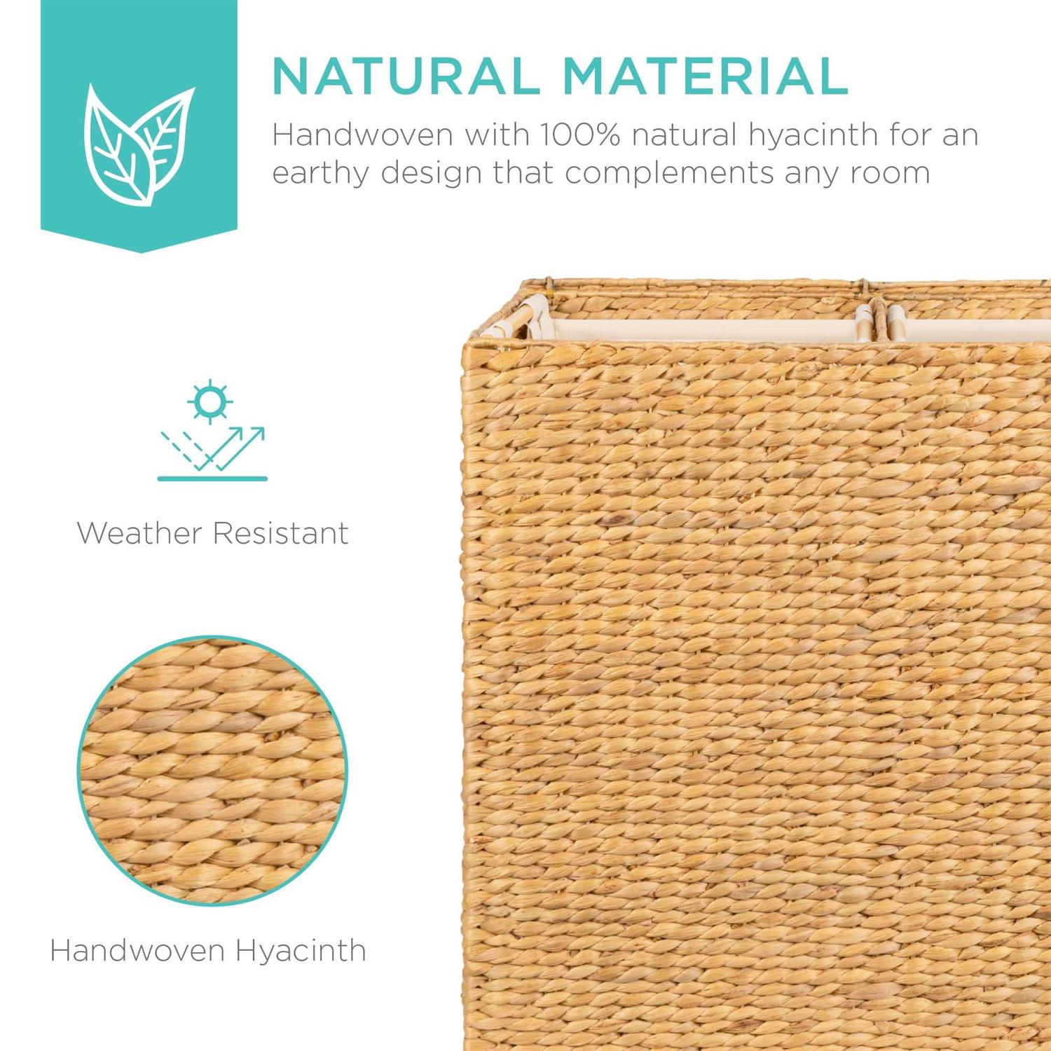 Best Choice Products XL Natural Woven Water Hyacinth Double Laundry Hamper Basket w/ 2 Liner Bags - Image 3