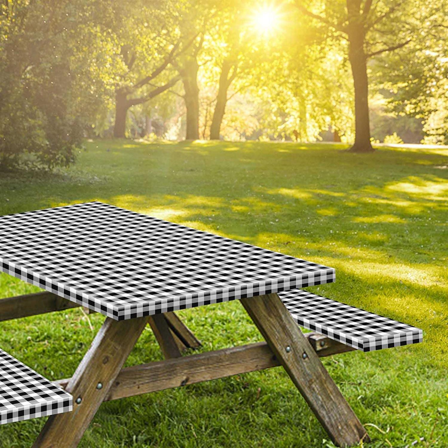 KENOBEE Picnic Table and Bench Fitted Cover Flannel Backing Elastic Edge Waterproof Wipeable Plastic Cover Vinyl Tablecloth - Image 4