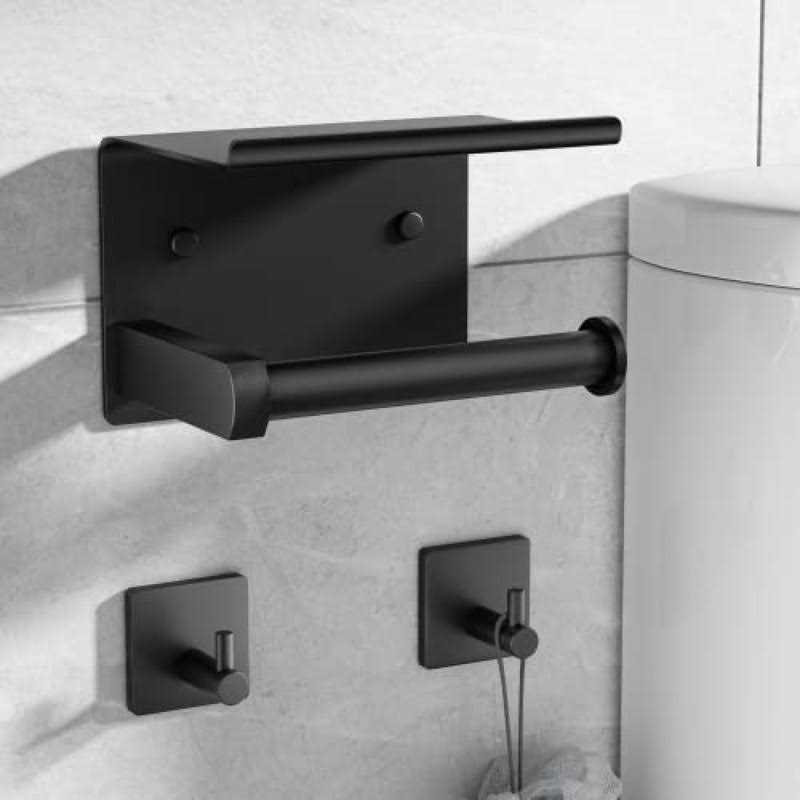 Tindbea Toilet Paper Holder with Phone Shelf + Towel Robe Hooks, Adhesive or Screw Wall Mounted Toilet Paper Roll Storage - Image 4
