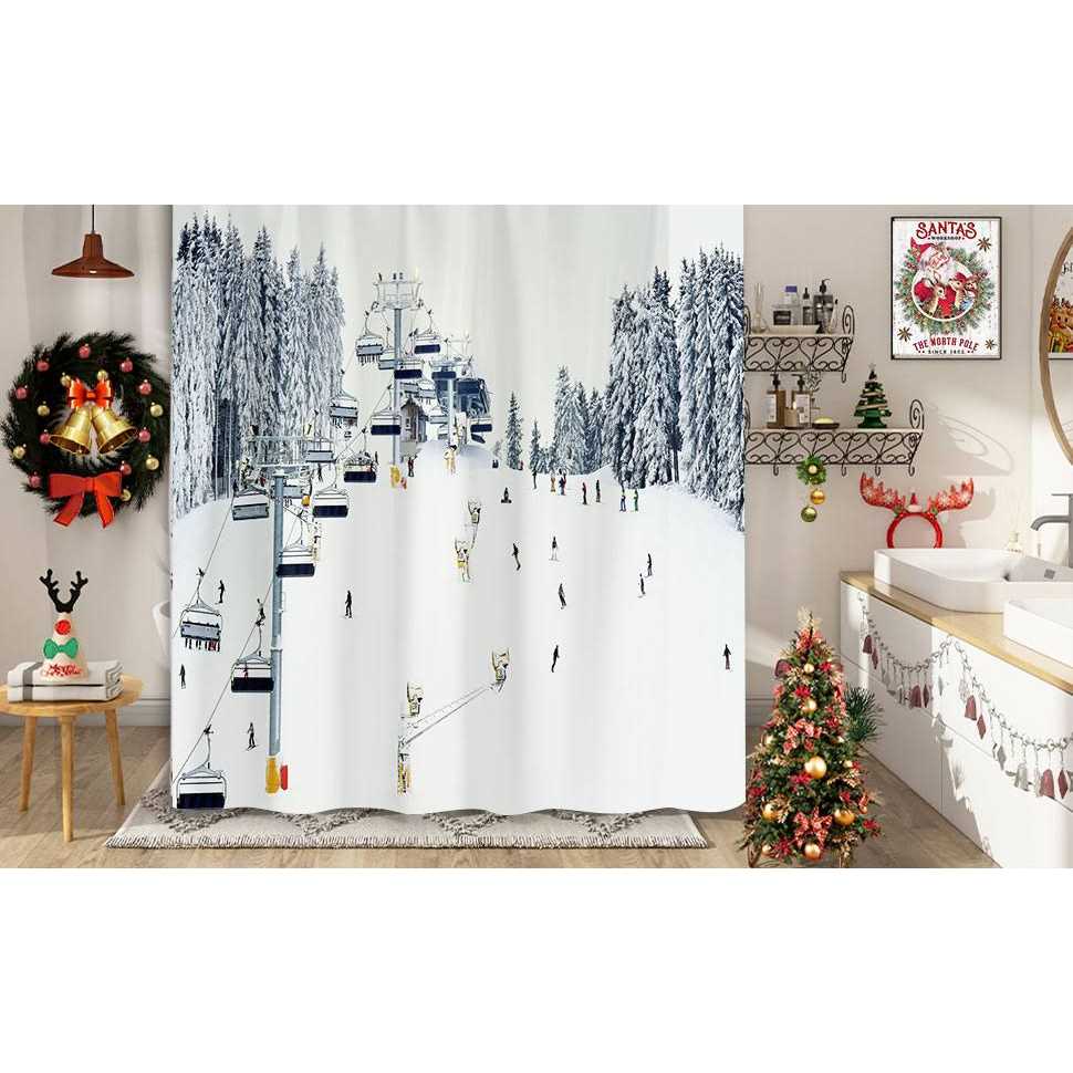 NYMB Sport Shower Curtain Winter Holiday Travel Snow Mountain Skiing Cable Car - Image 3