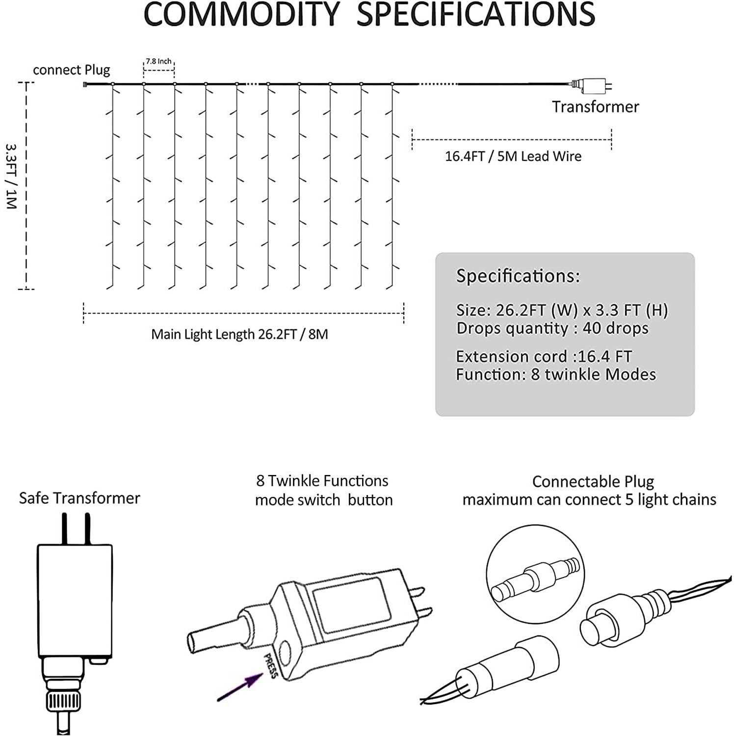 kemooie Outdoor Lights 400 Led 26.2ft x3.3FT Hanging Curtain Lights - Image 3