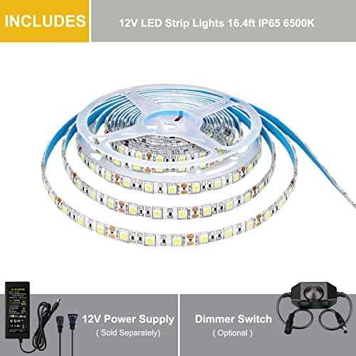 Joylit 12V Warm White LED Strip Lights 3000-3500k 16.4ft/5M Ip65 Waterproof 5050 SMD 300LEDs Cuttable Flexible Self Adhesive Tape Light for Bedroom - Image 3